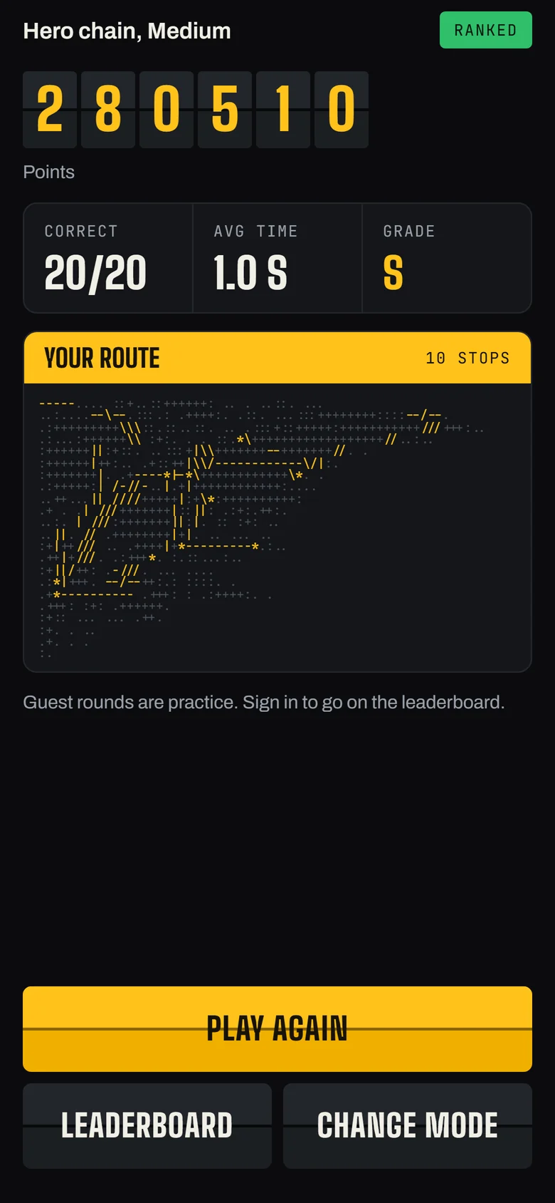 Results of a Hero chain round: 20 of 20 correct, average 1.0 seconds, grade S