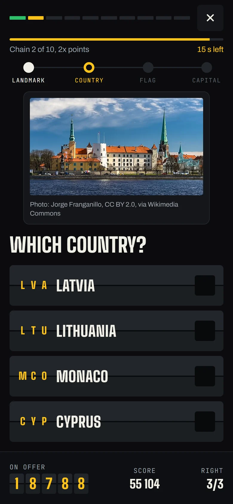God chain step one: a landmark photo of Riga old town, which country?